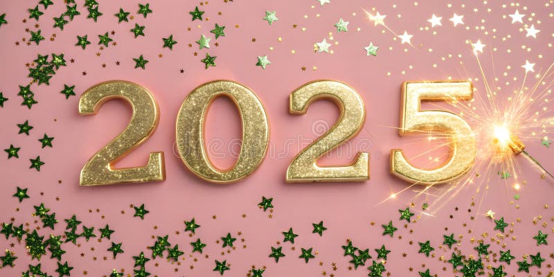Błyszczące złote liczby 2025 błyszczy na różowym, uroczystym tle wypełnionym migoczącymi gwiazdami i błyszczącymi podczas ilustracja wektor
