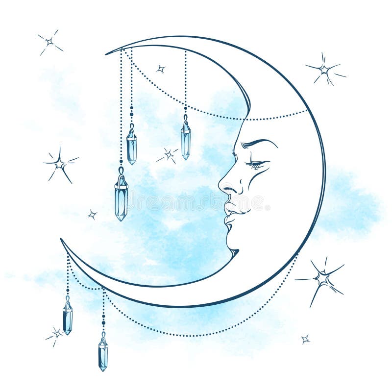 Błękitna półksiężyc księżyc z moonstone gwiazd i breloczków wektoru ilustracją royalty ilustracja