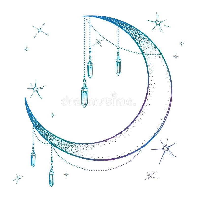Błękitna półksiężyc księżyc z moonstone klejnotu gwiazd i breloczków wektoru ilustracją Ręka rysujący boho stylu sztuki druku pla royalty ilustracja