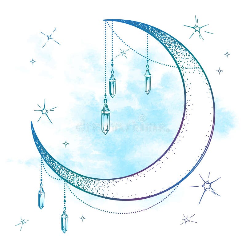 Błękitna półksiężyc księżyc z moonstone klejnotu gwiazd i breloczków wektoru ilustracją Ręka rysujący boho stylu sztuki druku pla ilustracja wektor