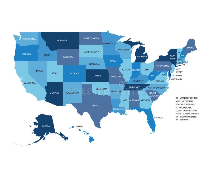 Blue vector map of United States Of America isolated on white background. Blue vector map of United States Of America isolated on white background