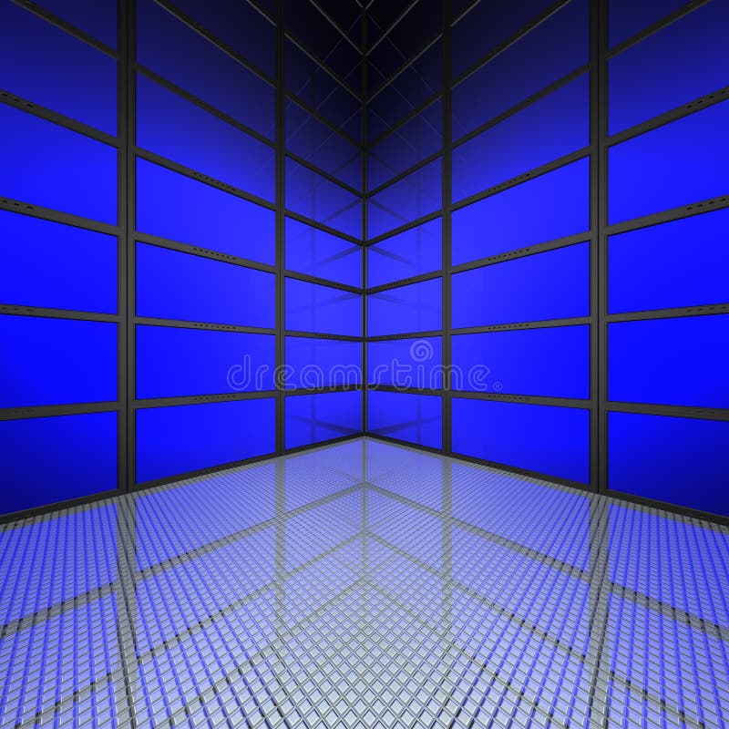 Video wall with blue screens in 3d. Video wall with blue screens in 3d