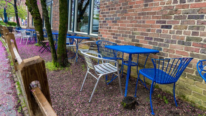 Błękitów krzesła przy restauracją z pięknymi kwiatonośnymi drzewami i stół obrazy stock Błękitów krzesła przy restauracją z pięknymi kwiatonośnymi drzewami i stół obrazy stock