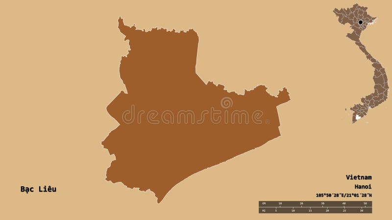 Bạc Liêu, province of Vietnam, zoomed. Pattern. Shape of Bạc Liêu, province of Vietnam, with its capital isolated on solid background. Distance scale royalty free illustration Bạc Liêu, province of Vietnam, zoomed. Pattern. Shape of Bạc Liêu, province of Vietnam, with its capital isolated on solid background. Distance scale royalty free illustration