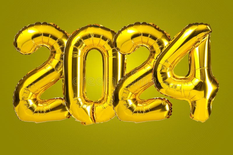 Célébration Du Nouvel An 2024 Ballons De Couleur Feuille Jaune Doré Ballons  2024 Fond Noir Isolé