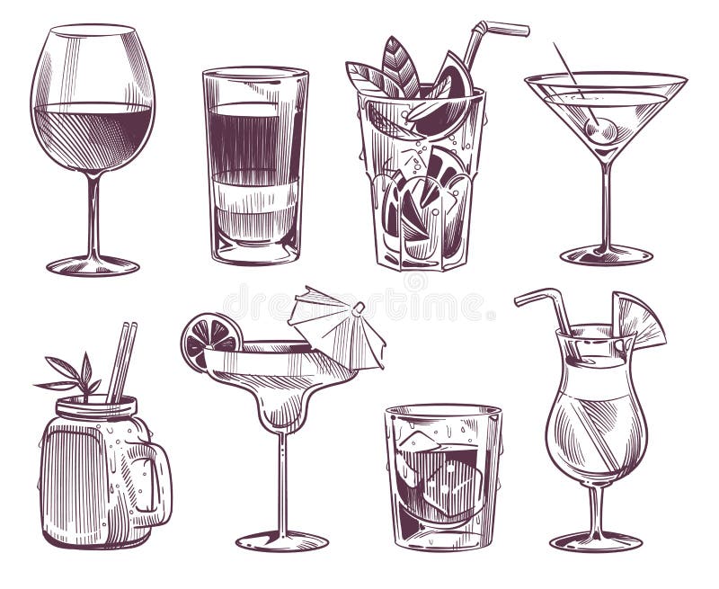 C?cteles del bosquejo Bebida exhausta del cóctel y del alcohol de la mano, diversas bebidas en el vidrio para el menú del restaur