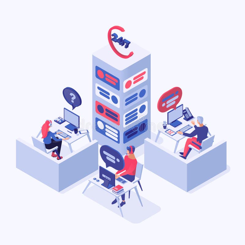 Customer service vector isometric illustration. Call center, online support, hotline operators, consultant managers 3d vector illustration