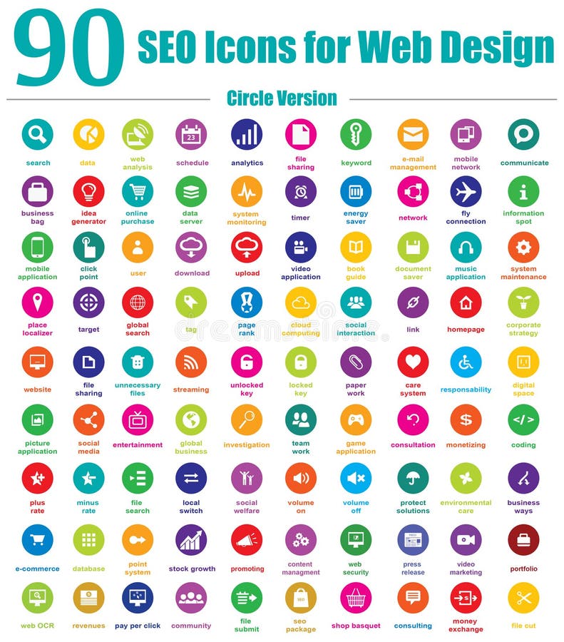 90 icônes de SEO pour la conception web - version de cercle