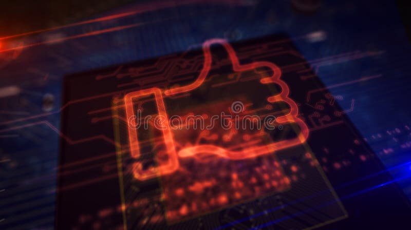 Thumb up sign hologram over working cpu in background. Like hand symbol, success and social media sign. Futuristic over circuit board 3d illustration. Thumb up sign hologram over working cpu in background. Like hand symbol, success and social media sign. Futuristic over circuit board 3d illustration