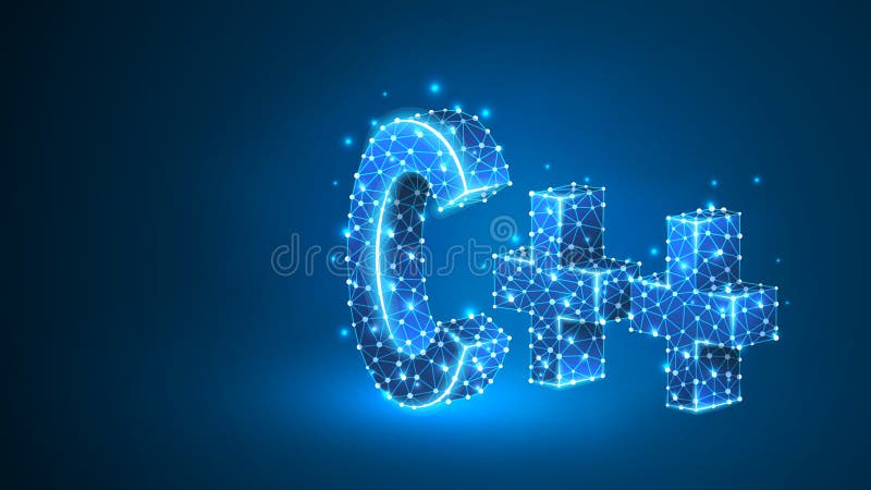 C plus coding language sign. Device, programming, developing concept. Abstract, digital, wireframe, low poly mesh, vector blue neon 3d illustration. Triangle line dot star. Coding mesh vectors