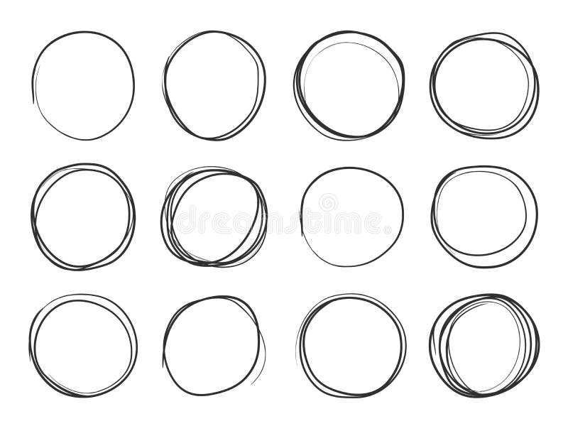 Hand drawn circles. Round doodle loops, circular sketch highlights. Circular scribble black pencil stroke brush illustration on white background. Circle vector isolated set. Hand drawn circles. Round doodle loops, circular sketch highlights. Circular scribble black pencil stroke brush illustration on white background. Circle vector isolated set