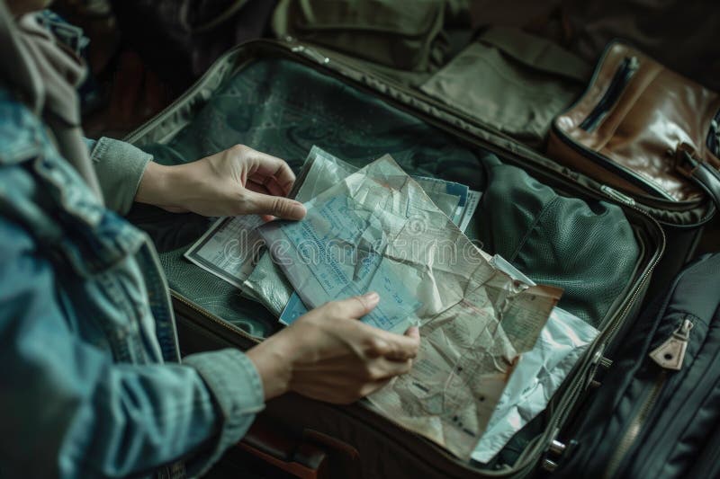 C'è una persona che tiene in mano una valigia con dei documenti. i documenti sono sbriciolati e lacerati e la valigia è aperta. la persona appare in una fretta generata