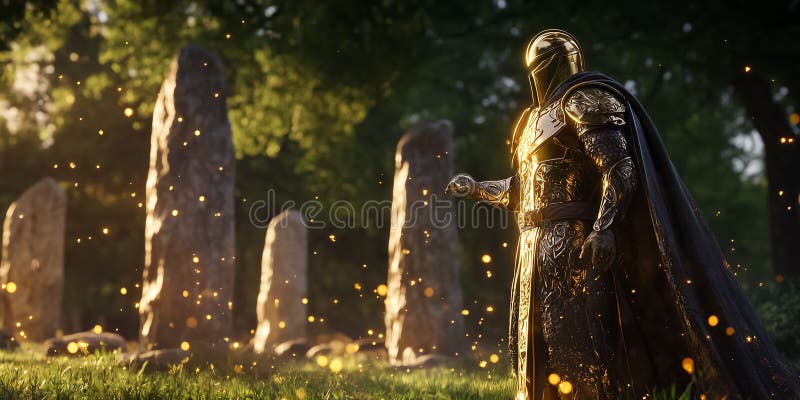 Caballero blindado de oro se alza entre místicas formaciones de piedra en un bosque vibrante. Las chispas mágicas iluminan la esce imágenes de archivo libres de regalías