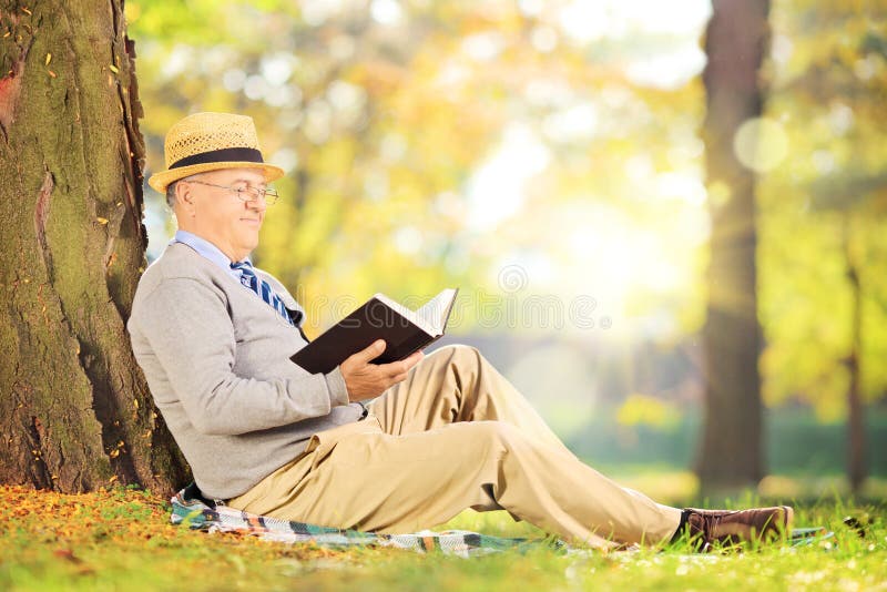 Caballero mayor que se sienta en una hierba y que lee una novela en parque foto de archivo libre de regalías Caballero mayor que se sienta en una hierba y que lee una novela en parque foto de archivo libre de regalías