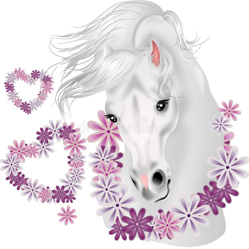 Caballo blanco con los corazones florales stock de ilustración Caballo blanco con los corazones florales stock de ilustración