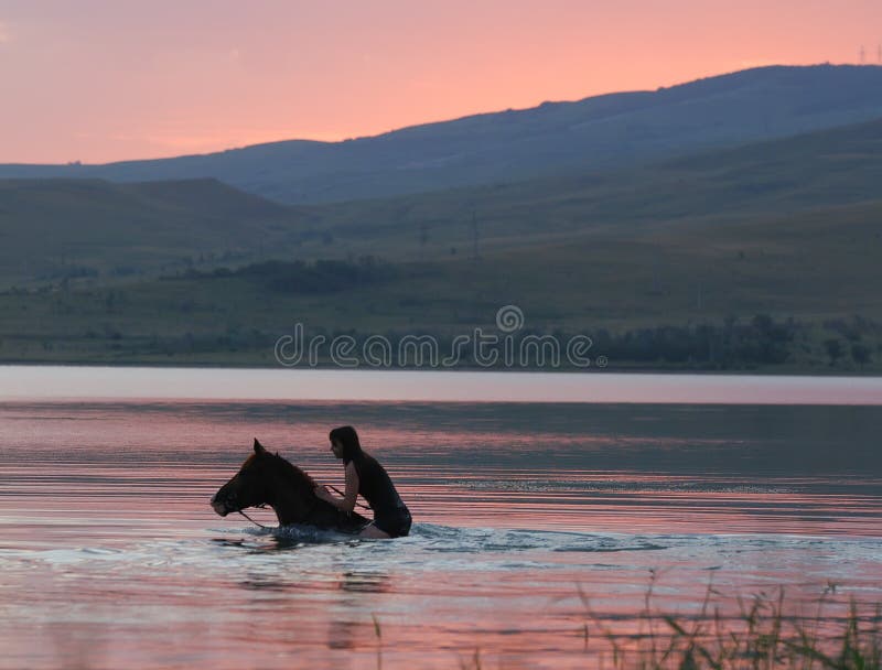 Beautiful chestnut Russian Don gelding and the girl swimming in the water at sunrise. Beautiful chestnut Russian Don gelding and the girl swimming in the water at sunrise