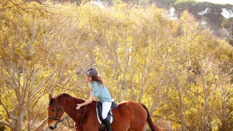 Caballo de montar a caballo sonriente bonito de la mujer almacen de metraje de vídeo