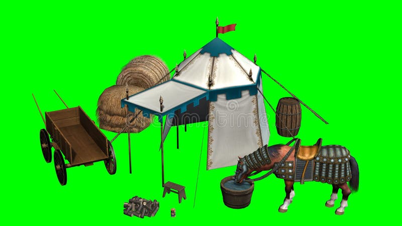 Caballo, tienda medieval y carro de madera viejo en fondo verde stock de ilustración Caballo, tienda medieval y carro de madera viejo en fondo verde stock de ilustración