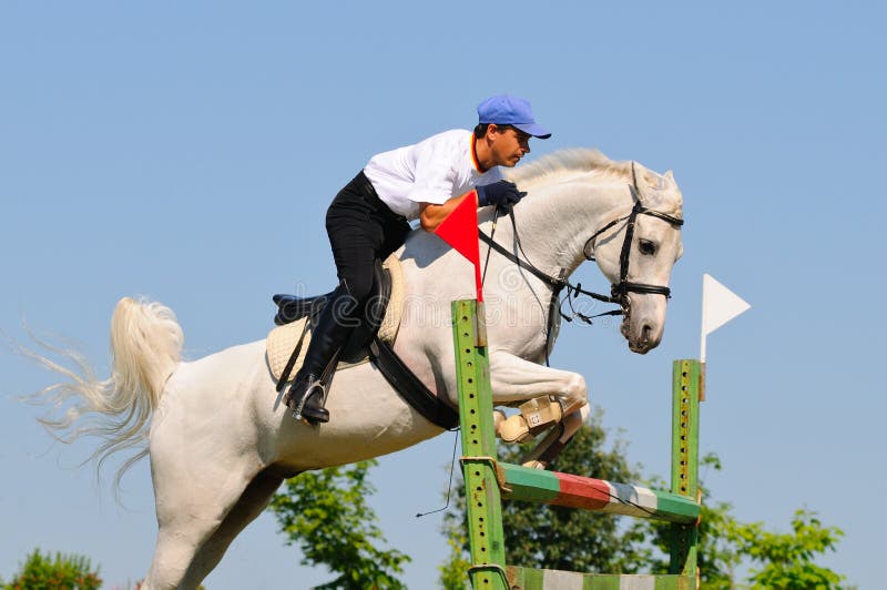 Gray arabian horse and rider over a jump. Gray arabian horse and rider over a jump