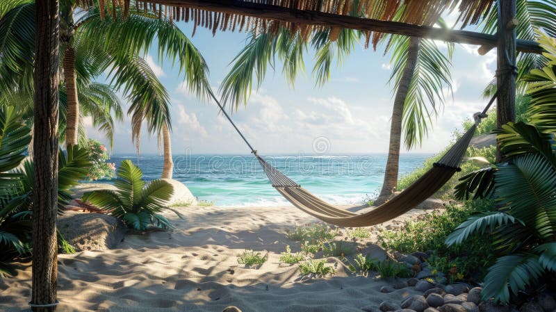 Peaceful, beachside cabana retreat with hammocks among palm trees, perfect for relaxation. Private retreats. AI generated. Peaceful, beachside cabana retreat with hammocks among palm trees, perfect for relaxation. Private retreats. AI generated