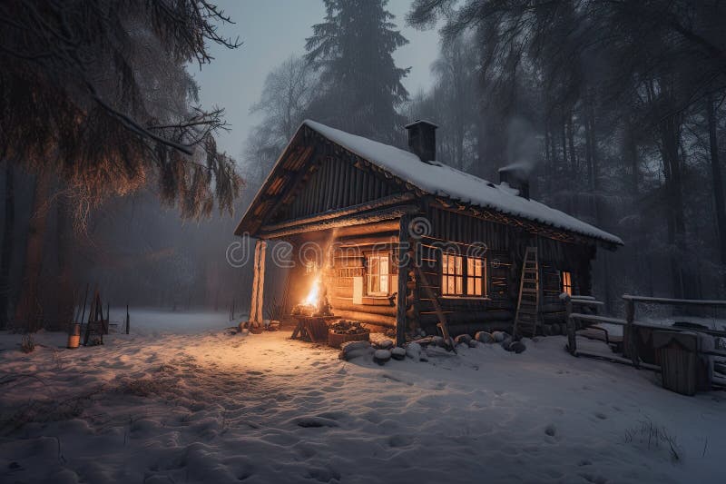 Uma casa aconchegante na floresta com uma montanha nevada ao fundo