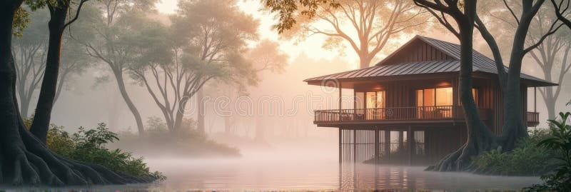 Cabana Tranquil Lakeside la răsărit înconjurată de pădure cețoasă royalty free stock photography