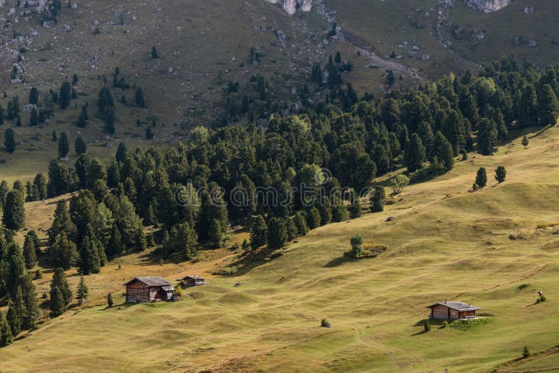 Cabanas de madeira no prado alpino nas dolomites fotos de stock Cabanas de madeira no prado alpino nas dolomites fotos de stock