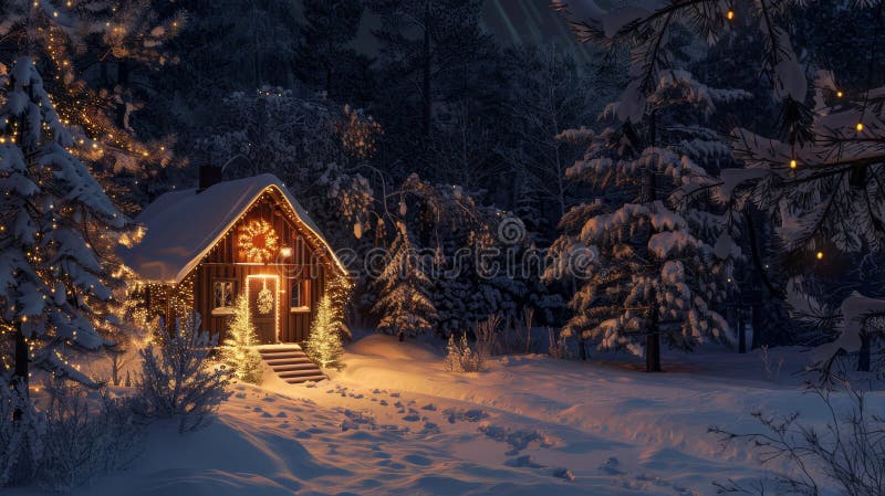 Cabane mystérieuse dans une forêt enneigée un mélange de fête et de danger caché la nuit illustration libre de droits