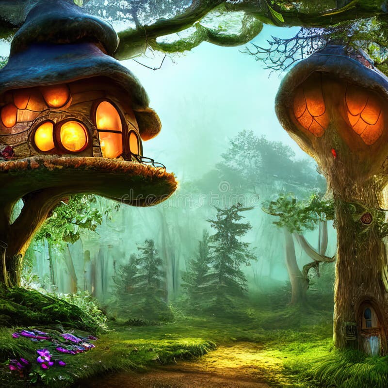 Cabanes de champignons fantastiques en forêt magique illustration de vecteur