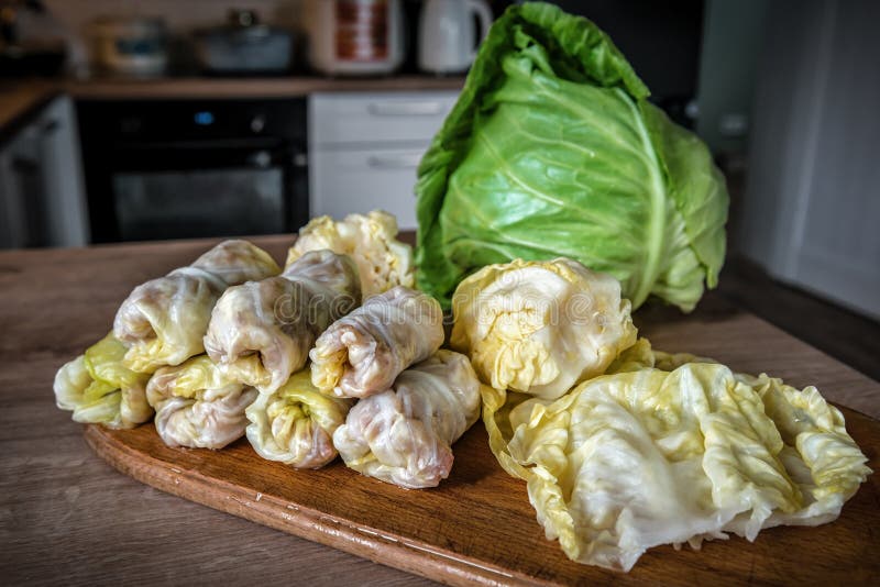 Cabbage Rolls with Beef, Rice and Vegetables on Wooden Plate. Stuffed ...