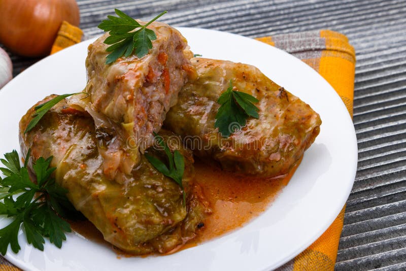 Cabbage rolls on a wooden gray rustic background