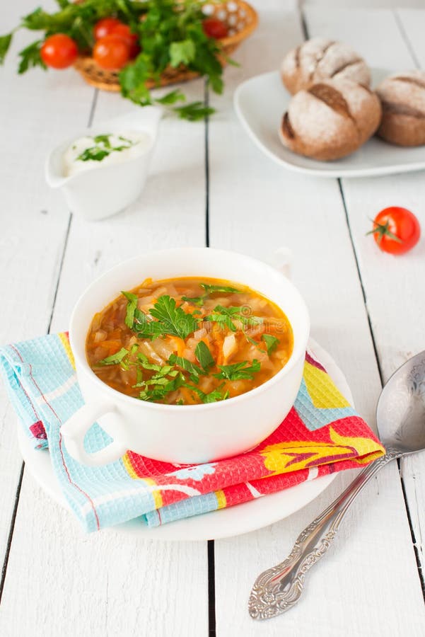 Cabbage Soup with Tomato and Greenery Stock Photo Image of spoon