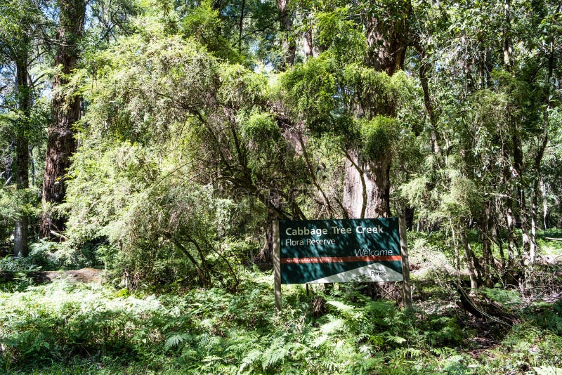 Cabbage Tree Creek Flora Reserve Sign in Victoria, Australia. Stock