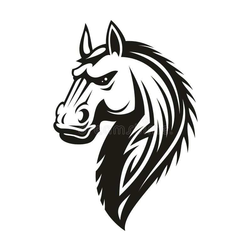 Caracteres De Cavalo De Desenho Animado Preto E Branco Cabeça Ícones Com  Juba Fluindo, Dois De Frente Para O Espectador E Dois Virando Para O Lado,  Para Tatuagem, Mascote Ou Design Esportivo