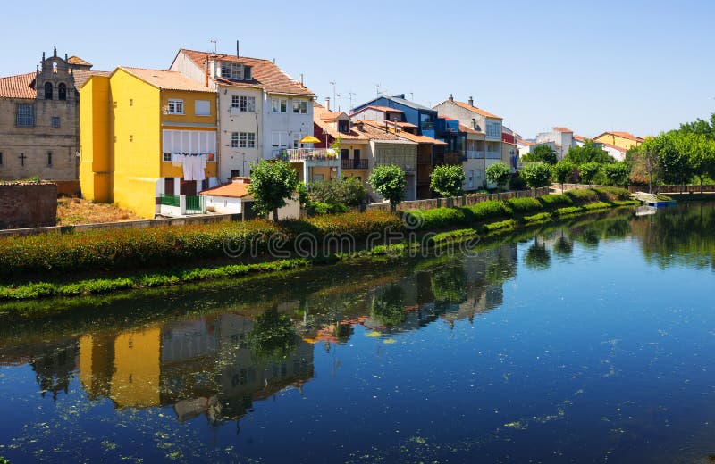 Cabe river and old houses at Monforte de Lemos in summer day. Galicia, Spain