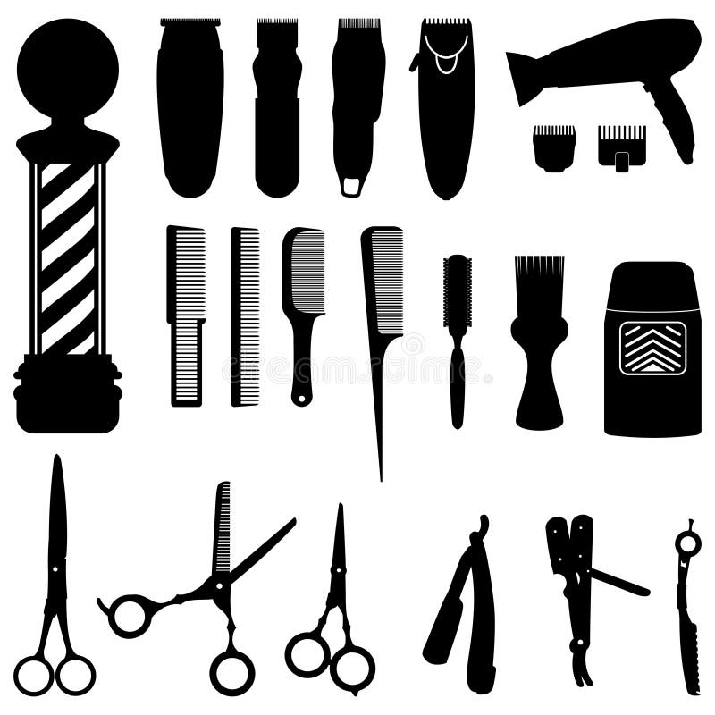 Cabeleireiro e Barber Shop Tools Silhouette Collection ilustração stock Cabeleireiro e Barber Shop Tools Silhouette Collection ilustração stock