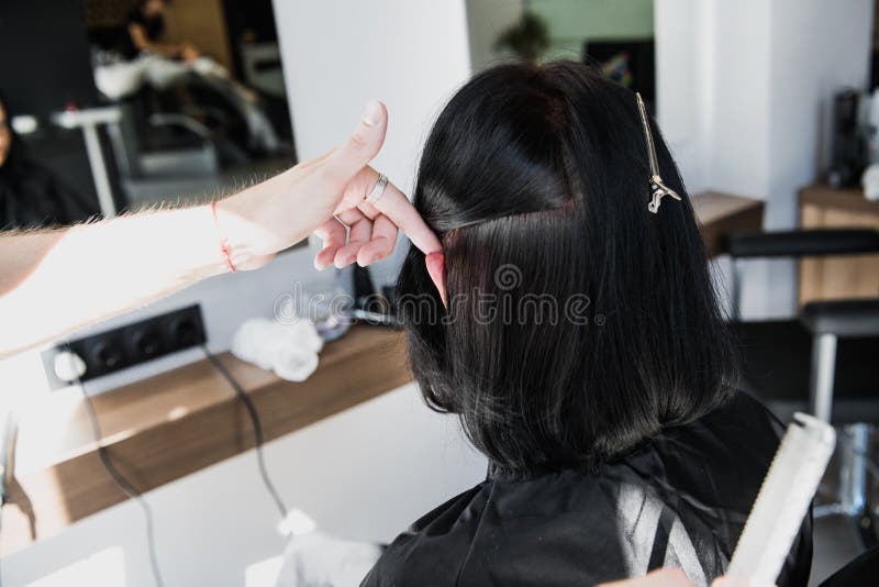 Cabeleireiro profissional, estilista que penteia o cabelo do cliente fêmea no cabeleireiro profissional Beleza e conceito do hair imagem de stock royalty free Cabeleireiro profissional, estilista que penteia o cabelo do cliente fêmea no cabeleireiro profissional Beleza e conceito do hair imagem de stock royalty free