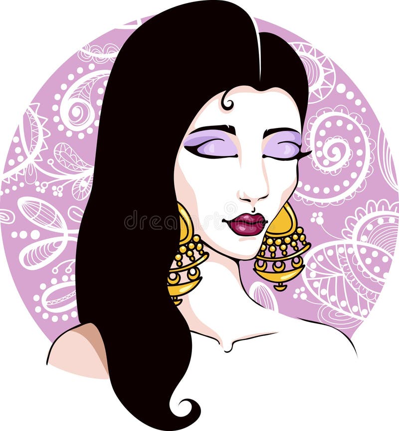 Cabelo escuro da menina bonita indiana aciganada com brincos e fundo oriental - Vector a ilustração da forma