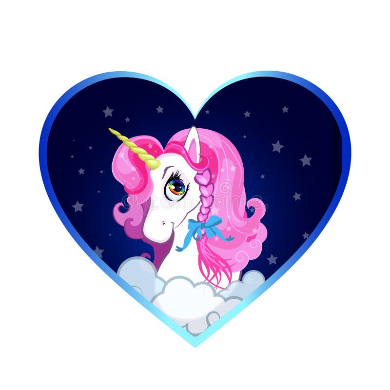 Cabeza blanca del unicornio de la historieta con el retrato rosado del pelo dentro del fondo del corazón stock de ilustración Cabeza blanca del unicornio de la historieta con el retrato rosado del pelo dentro del fondo del corazón stock de ilustración