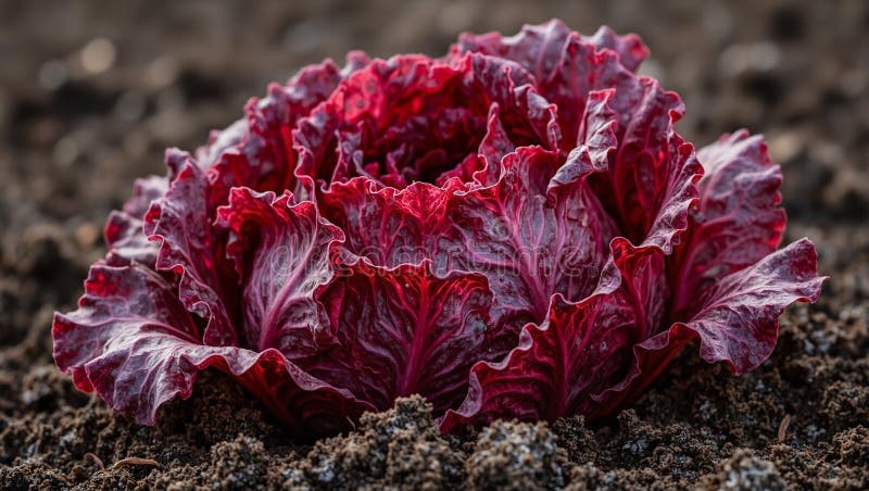 Cabeza de radicchio rojo fresco medio enterrado en hojas vibrantes del suelo contra la tierra oscura ilustración del vector