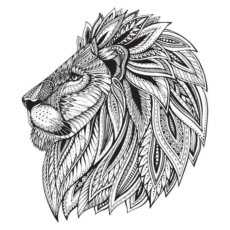 Cabeza dibujada mano adornada modelada étnica del león stock de ilustración Cabeza dibujada mano adornada modelada étnica del león stock de ilustración