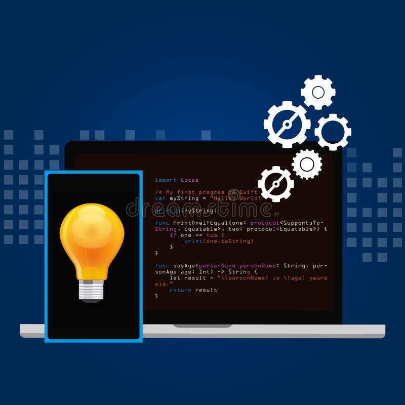 Cabeza elegante de programación e idea del teléfono del código del lenguaje de la aplicación móvil stock de ilustración