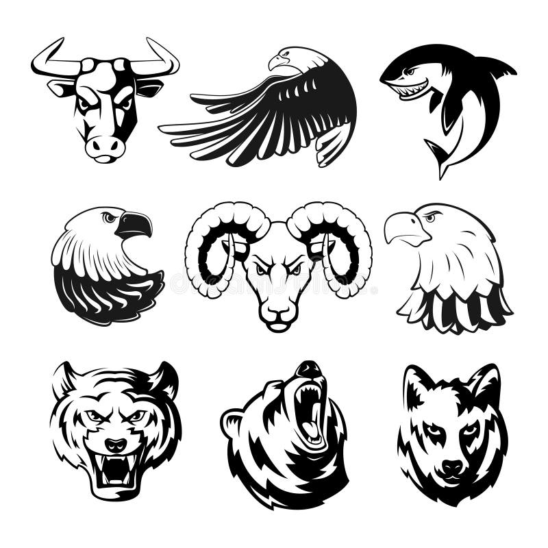 Cabezas de los animales para los símbolos del logotipo o del deporte Grisáceo, oso y águila Ejemplos monocromáticos de las mascot ilustración del vector Cabezas de los animales para los símbolos del logotipo o del deporte Grisáceo, oso y águila Ejemplos monocromáticos de las mascot ilustración del vector