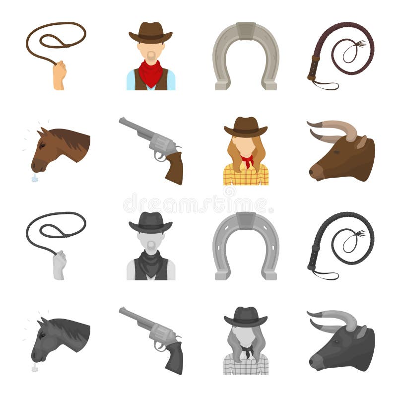 Cabeça de um cavalo, uma cabeça do touro, um revólver, uma menina do vaqueiro Ícones ajustados da coleção do rodeio nos desenhos ilustração stock Cabeça de um cavalo, uma cabeça do touro, um revólver, uma menina do vaqueiro Ícones ajustados da coleção do rodeio nos desenhos ilustração stock