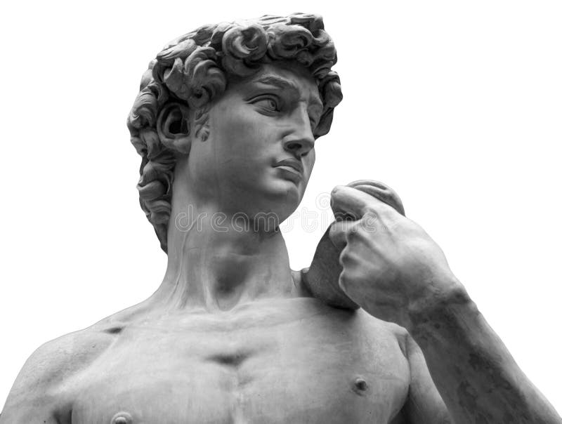 Cabeça de uma estátua famosa por Michelangelo - David de Florença, isolada no branco