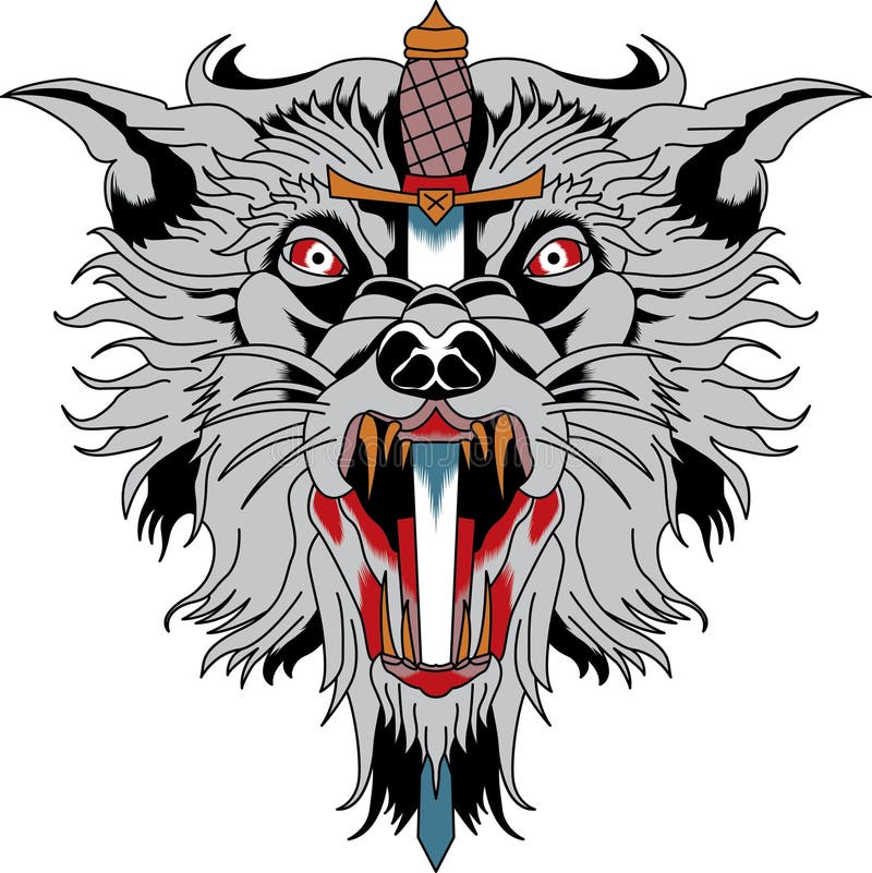 Cabeça do lobo com faca, tatuagem do vetor ilustração do vetor Cabeça do lobo com faca, tatuagem do vetor ilustração do vetor
