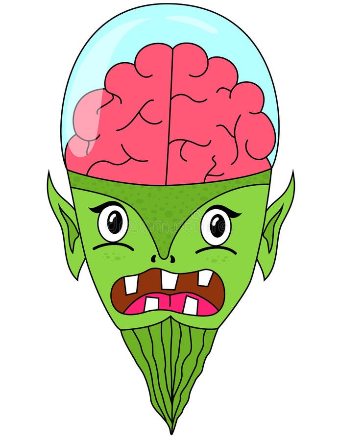 Cabeça estrangeira dos desenhos animados com o cérebro na abóbada de vidro ilustração do vetor Cabeça estrangeira dos desenhos animados com o cérebro na abóbada de vidro ilustração do vetor
