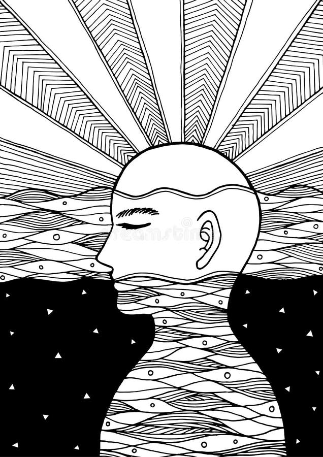 Cabeça humana, poder do chakra, pensamento abstrato da inspiração, mundo, universo dentro de sua mente ilustração royalty free Cabeça humana, poder do chakra, pensamento abstrato da inspiração, mundo, universo dentro de sua mente ilustração royalty free