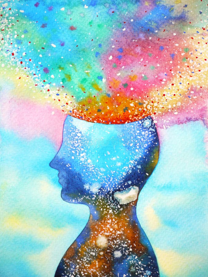 Cabeça humana, poder do chakra, pintura de pensamento abstrata da aquarela do respingo da inspiração Cabeça humana, poder do chakra, pintura de pensamento abstrata da aquarela do respingo da inspiração