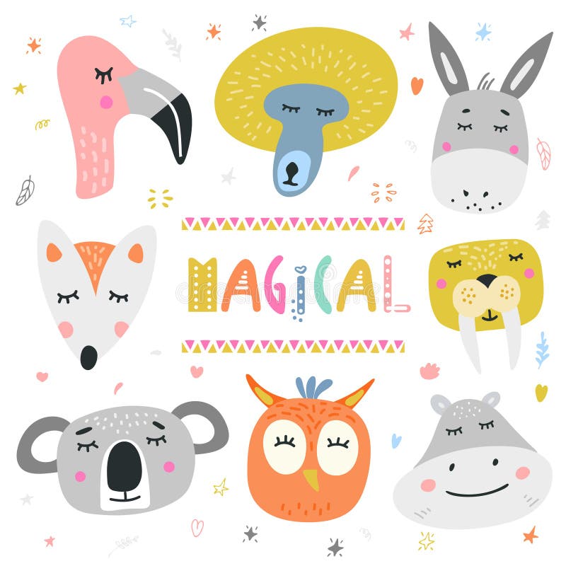 Cabeças bonitos da ilustração do vetor dos animais ilustração stock Cabeças bonitos da ilustração do vetor dos animais ilustração stock